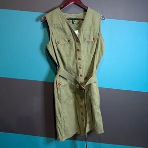 NWT Ralph Lauren Green Tie Front Sleeveless Midi Dress size 12 linen cotton